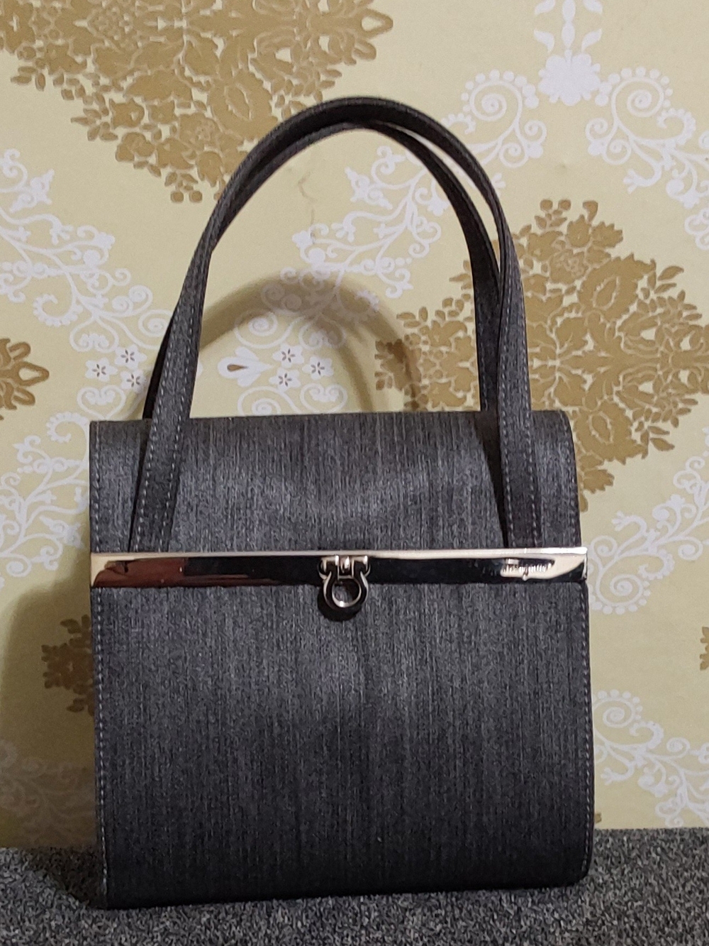 Salvatore Ferragamo Grey Structured Top-Handle Mini Evening Bag